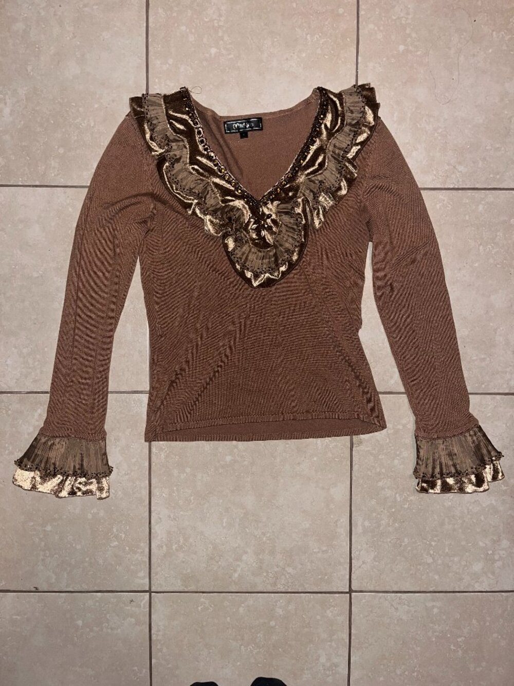 Minkas Brand Brown Frilly Long Sleeve- Size Small